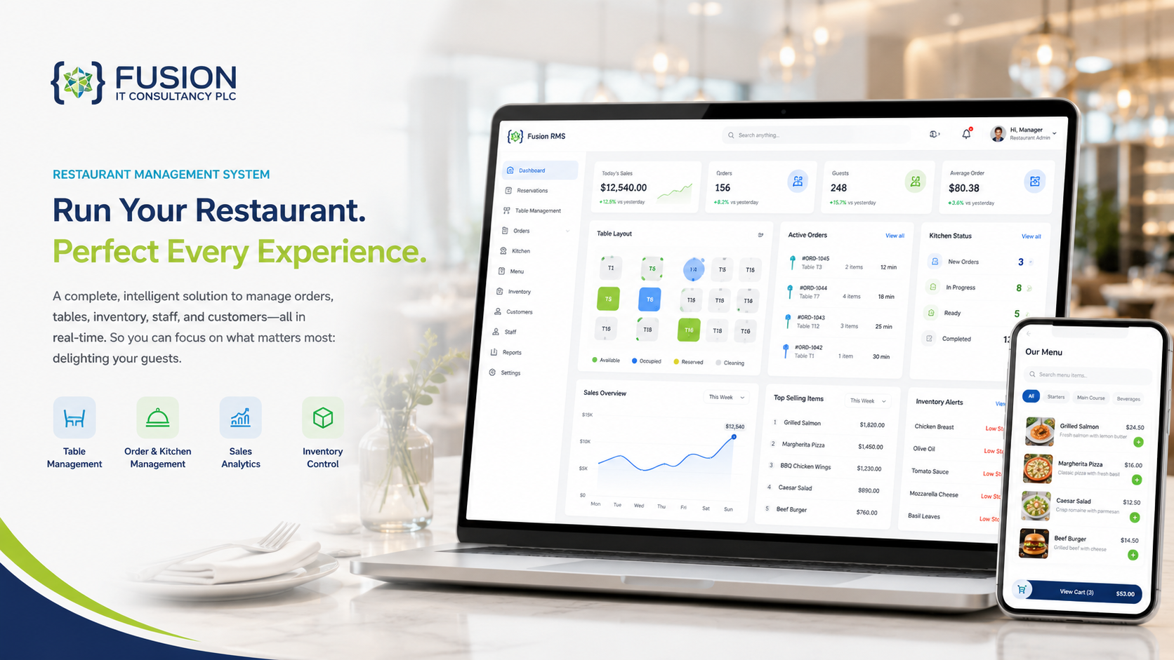 Fusion IT restaurant management system displayed on a laptop and mobile phone.